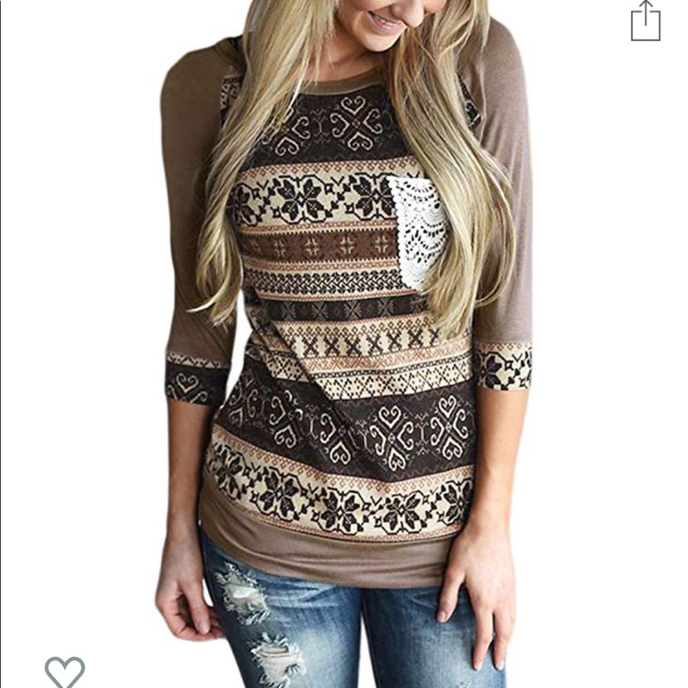 3/4 sleeved patterned shirt with lace pocket
